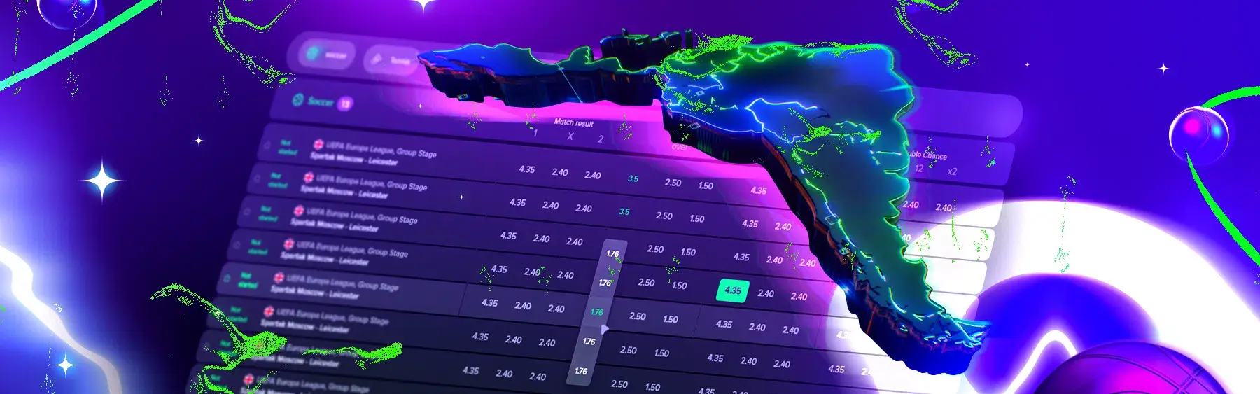 Sports betting platform illustration with Latin America map and sportsbook interface