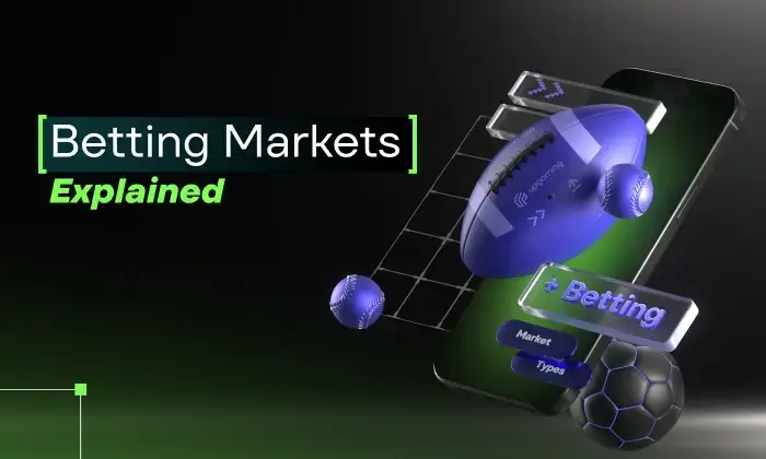 3D sports betting visualization featuring a mobile betting platform and betting market selection tools.