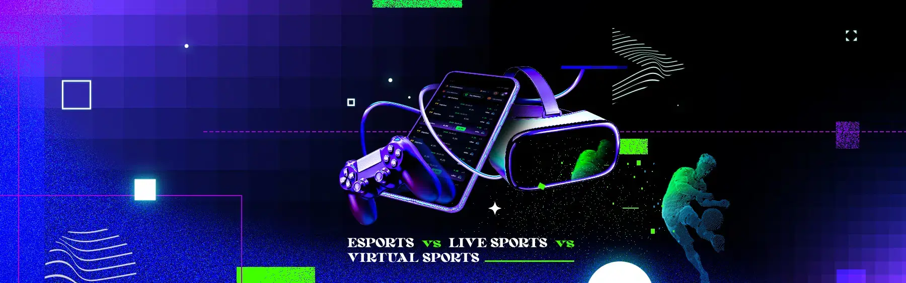Esports vs live sports vs virtual sports illustration with VR headset and gaming devices